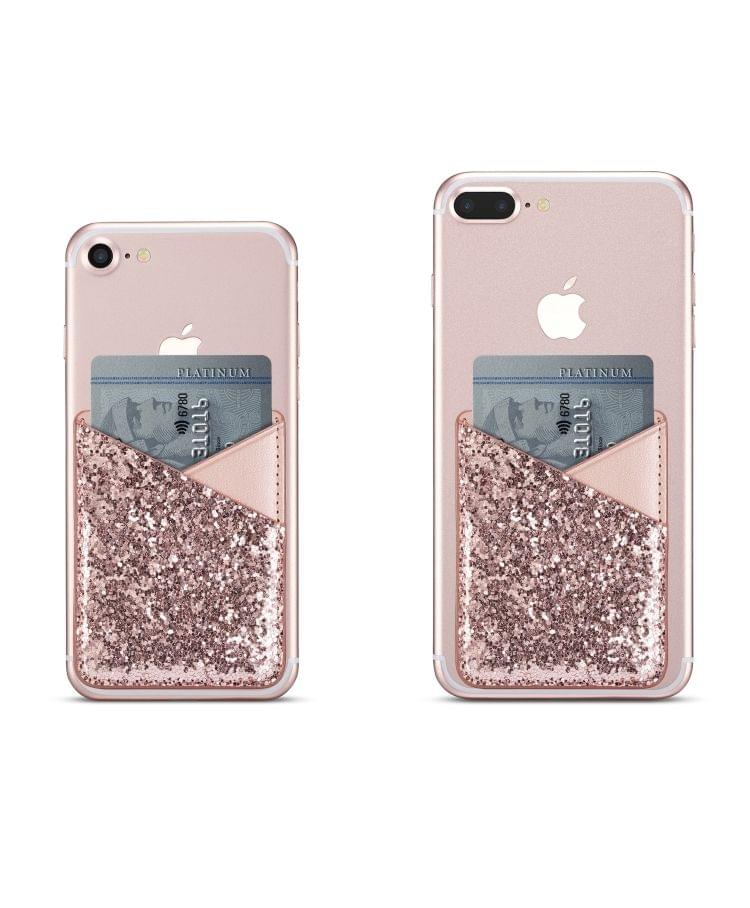 MUXMA  Sequin Leather Pocket Card Mini Mobile Phone Case 3M Plastic Credit Card Mobile Phone Back Stickers Card Package Card Sets (Pink)