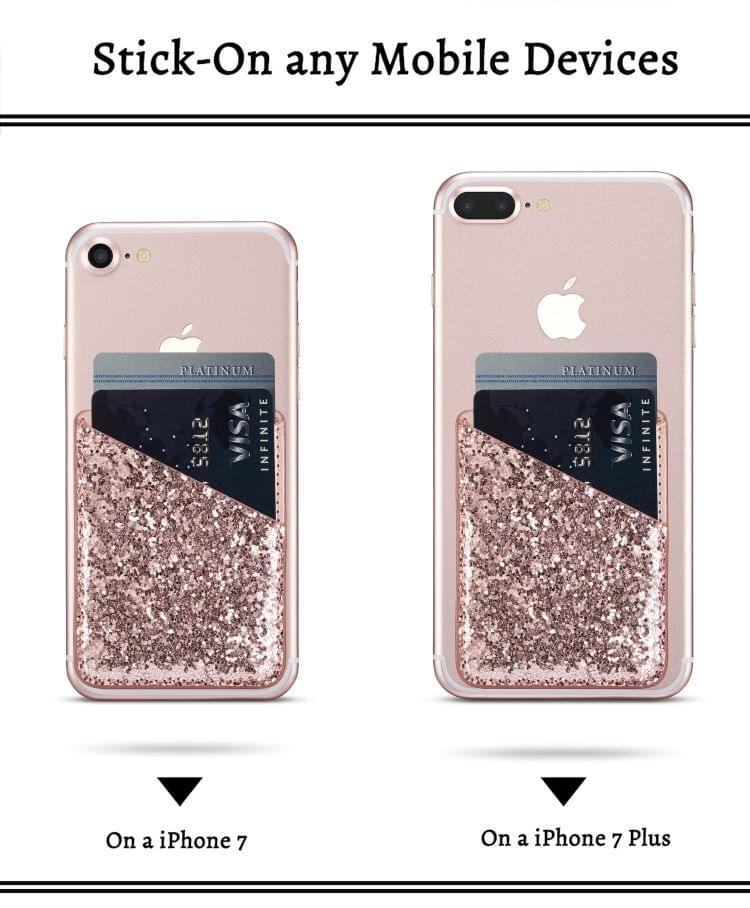 MUXMA  Sequin Leather Pocket Card Mini Mobile Phone Case 3M Plastic Credit Card Mobile Phone Back Stickers Card Package Card Sets (Pink)