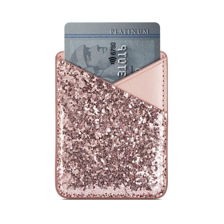 MUXMA  Sequin Leather Pocket Card Mini Mobile Phone Case 3M Plastic Credit Card Mobile Phone Back Stickers Card Package Card Sets (Pink)