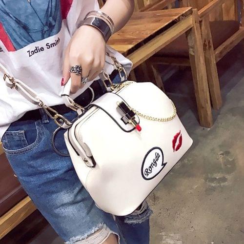 Embroidered Lipstick Doctor Bag Ladies Shoulder Bag Red Lip Handbag S (White)