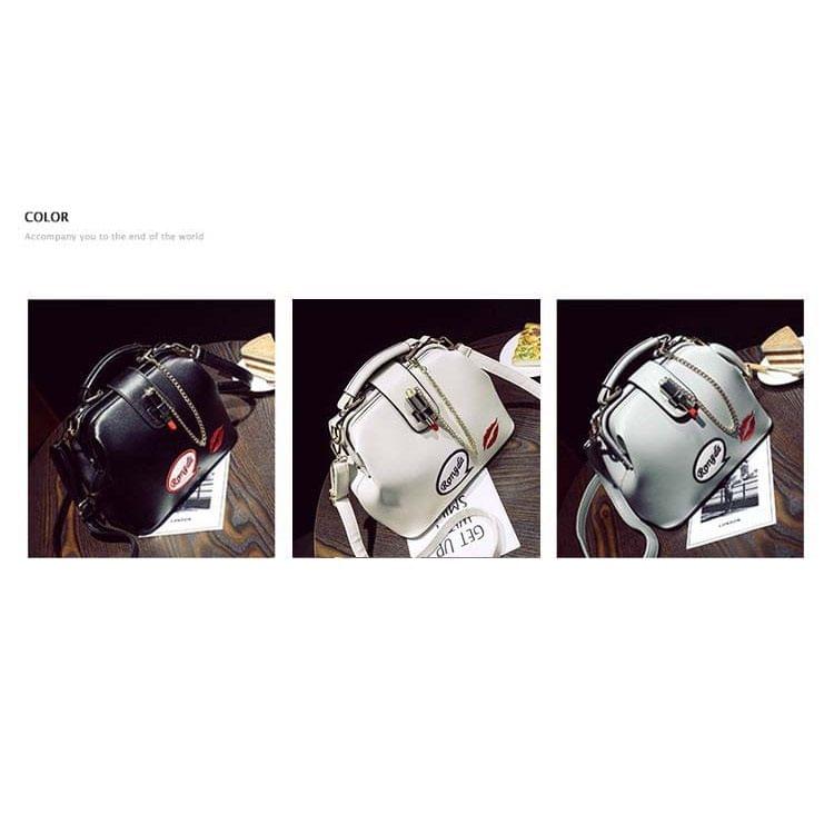 Embroidered Lipstick Doctor Bag Ladies Shoulder Bag Red Lip Handbag S (White)