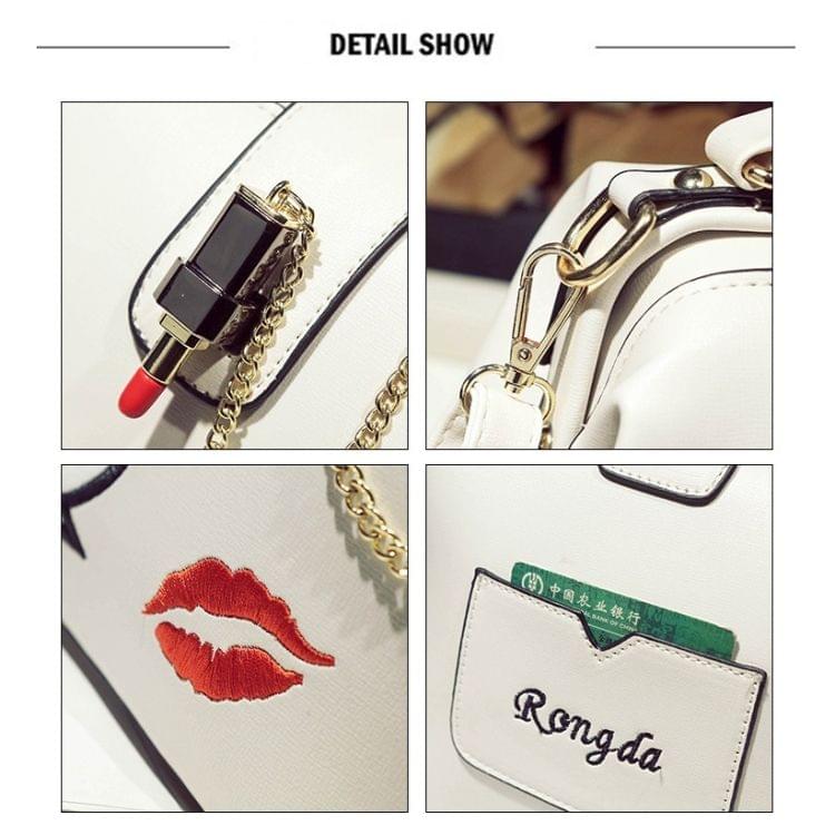 Embroidered Lipstick Doctor Bag Ladies Shoulder Bag Red Lip Handbag S (White)