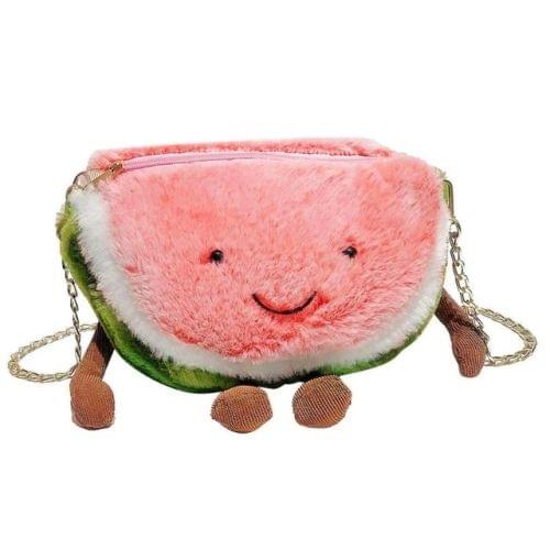 Cute Baby Girls Plush Fruit Pattern Shoulder Bags Kids Chain Crossbody Bag Children School Pack(Watermelon)