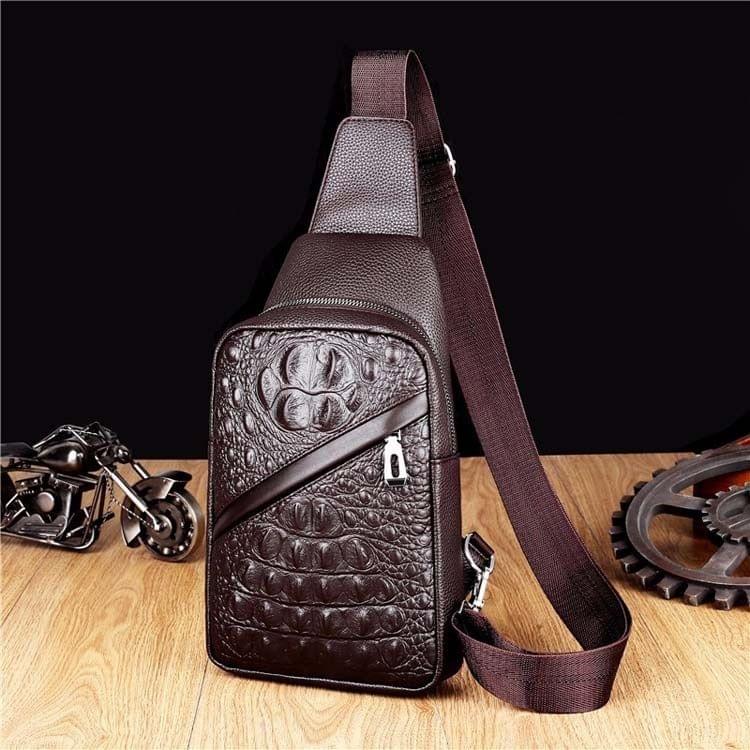 Crocodile Texture PU Leather Single Shoulder Bag Men Chest Bag Handbag (Brown)