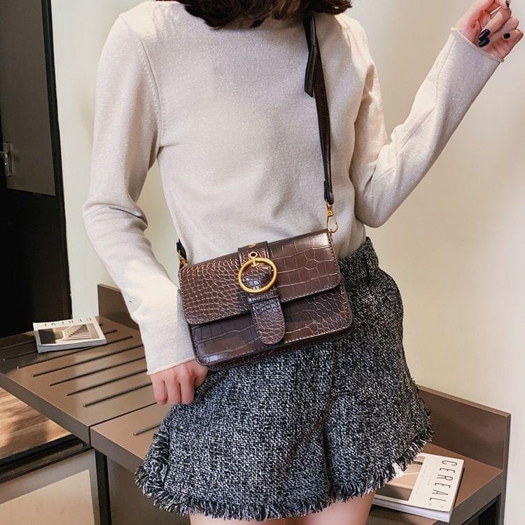 Belt Buckle Crocodile Texture PU Leather Single Shoulder Bag Ladies Handbag Messenger Bag (Coffee)