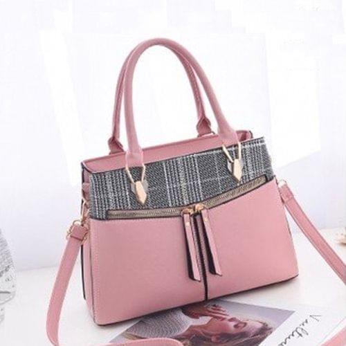 Stitching Plaid Leisure Fashion PU Slant Shoulder Bag Handbag(Pink)