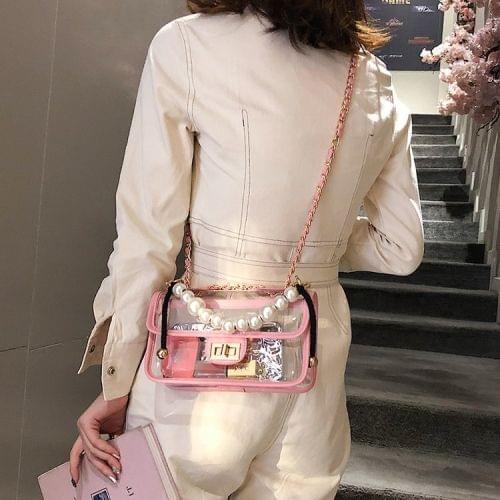 Pearl portable Transparent Single Shoulder Bag Ladies Handbag Messenger Bag (Pink)