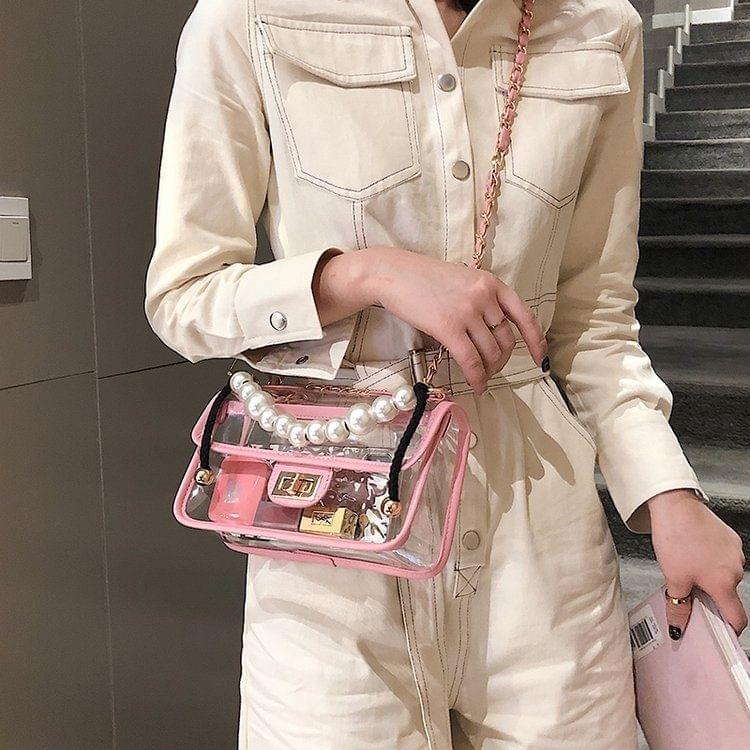 Pearl portable Transparent Single Shoulder Bag Ladies Handbag Messenger Bag (Pink)