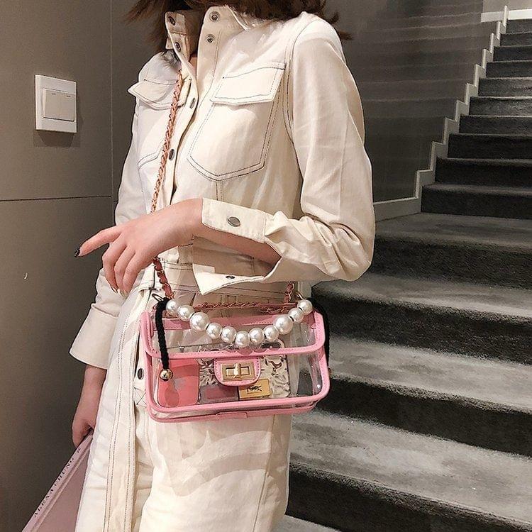 Pearl portable Transparent Single Shoulder Bag Ladies Handbag Messenger Bag (Pink)