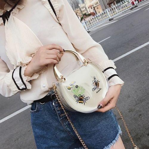 Embroidery Bee Pattern Clear Plastic + PU Shoulder Bag Ladies Handbag Messenger Bag (Khaki)