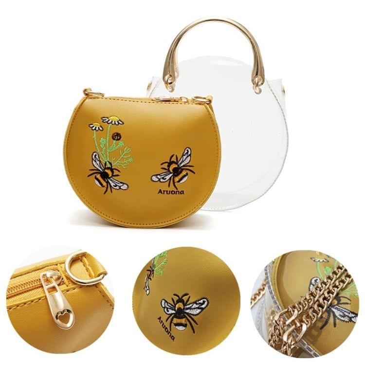 Embroidery Bee Pattern Clear Plastic + PU Shoulder Bag Ladies Handbag Messenger Bag (Khaki)