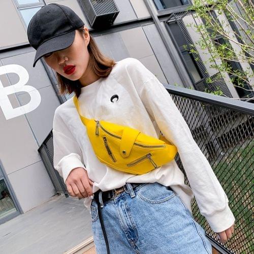 Solid Color Fashion PU Single Shoulder Bag Zipper Messenger Bag Casual Waist Chest Pockets Bag (Yellow)