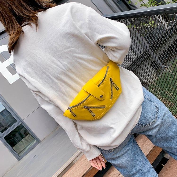Solid Color Fashion PU Single Shoulder Bag Zipper Messenger Bag Casual Waist Chest Pockets Bag (Yellow)