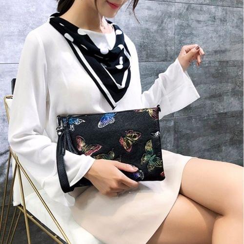 Retro Flower Pattern PU Leather Shoulder Bag Messenger Bag Ladies Handbag (Black-Butterfly)