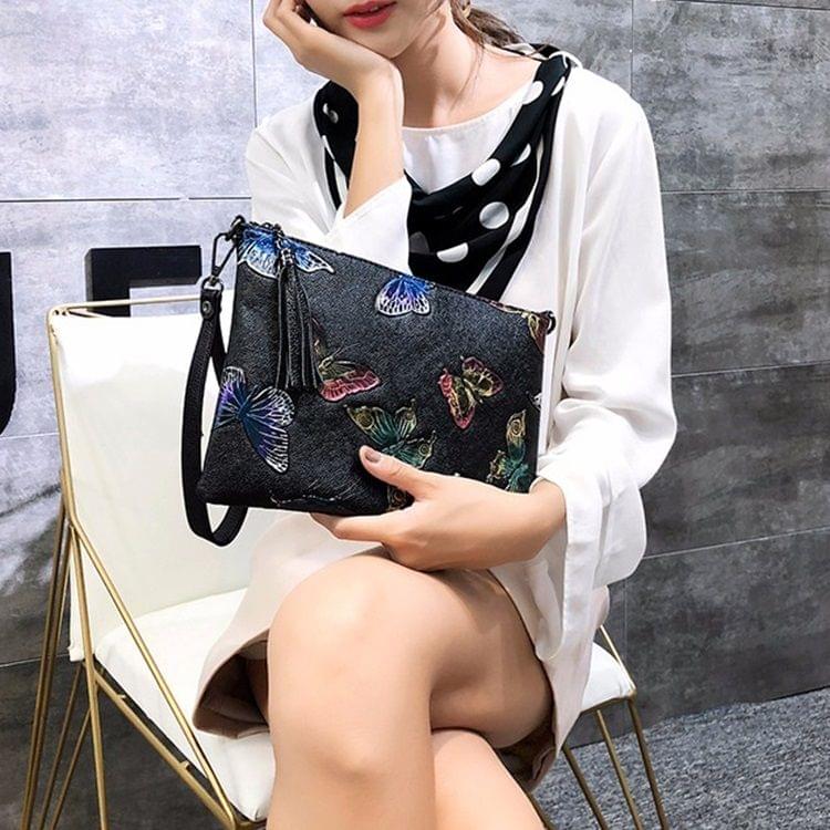 Retro Flower Pattern PU Leather Shoulder Bag Messenger Bag Ladies Handbag (Black-Butterfly)