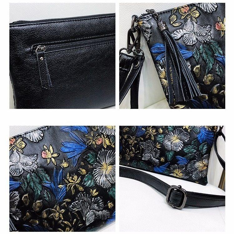 Retro Flower Pattern PU Leather Shoulder Bag Messenger Bag Ladies Handbag (Black-Butterfly)