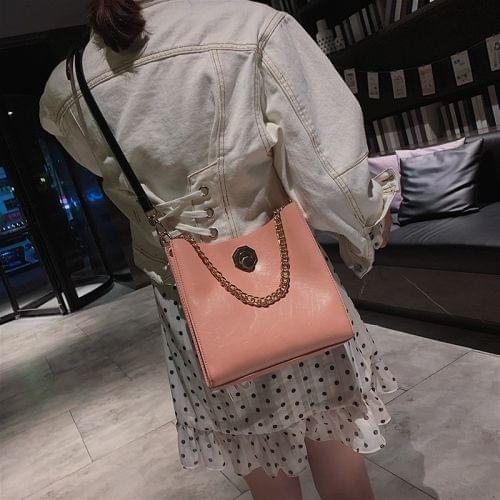 Solid Color Fashion Lock Buckle PU Singe Shoulder Bag Ladies Messenger Bag Chain Handbag (Pink)