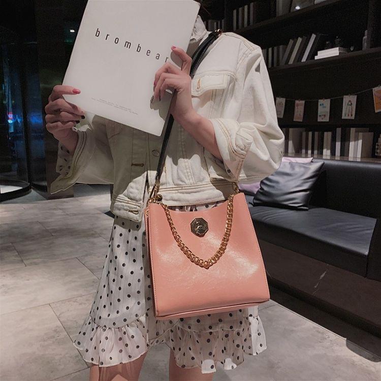Solid Color Fashion Lock Buckle PU Singe Shoulder Bag Ladies Messenger Bag Chain Handbag (Pink)