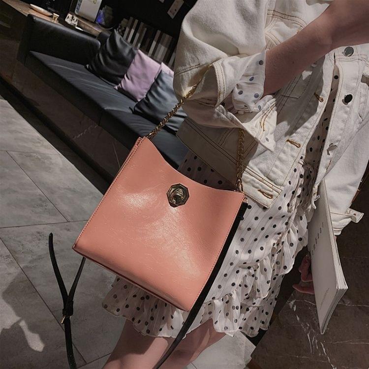 Solid Color Fashion Lock Buckle PU Singe Shoulder Bag Ladies Messenger Bag Chain Handbag (Pink)