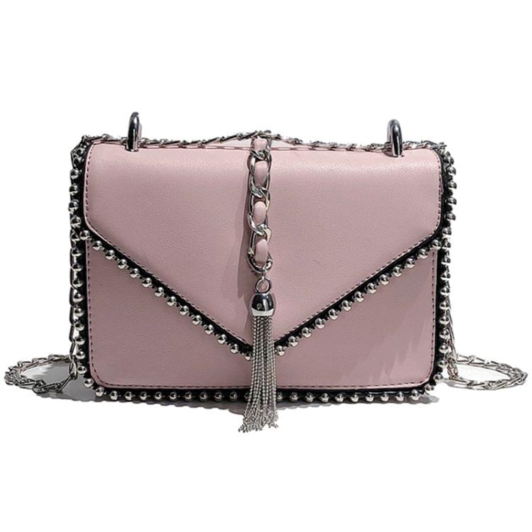 British Fashion Simple Small Square bag Designer Handbag PU Leather Rivet Tassel Chain Shoulder Bags(White)