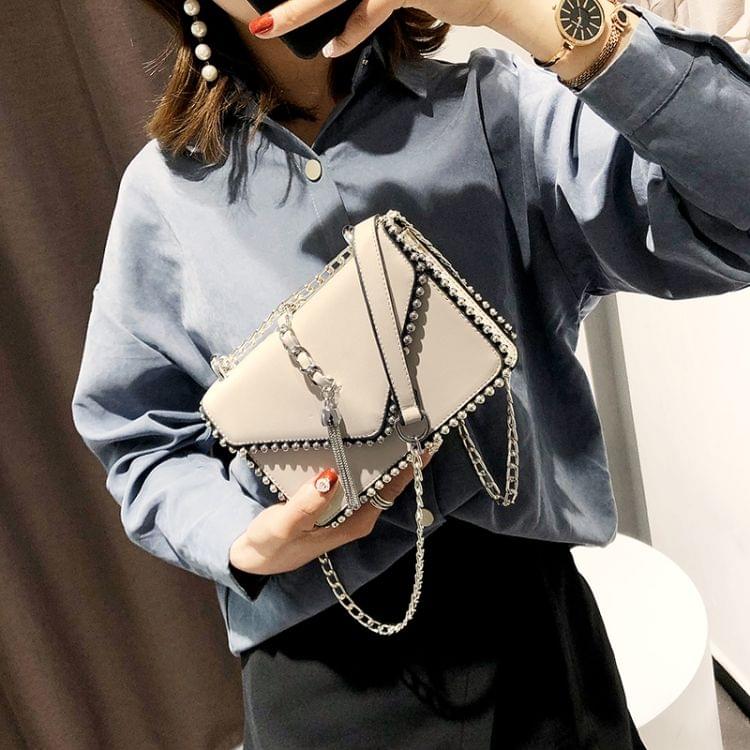 British Fashion Simple Small Square bag Designer Handbag PU Leather Rivet Tassel Chain Shoulder Bags(White)