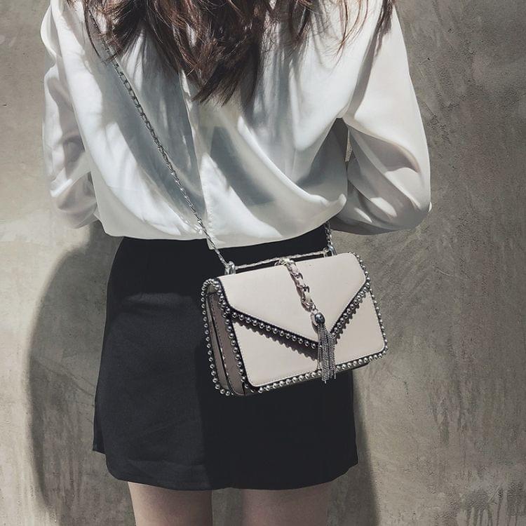 British Fashion Simple Small Square bag Designer Handbag PU Leather Rivet Tassel Chain Shoulder Bags(White)