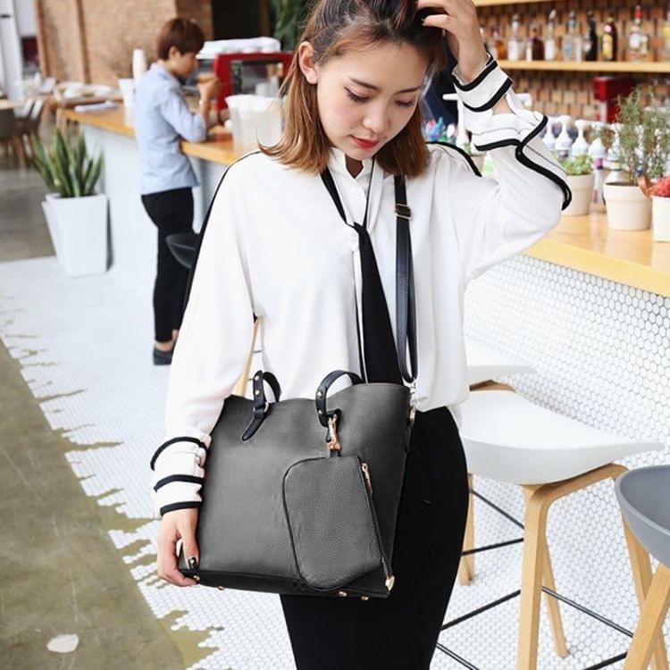 2 in 1 Big Capacity Solid Color Handbag For Women (Black)