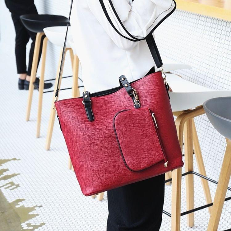 2 in 1 Big Capacity Solid Color Handbag For Women (Red)