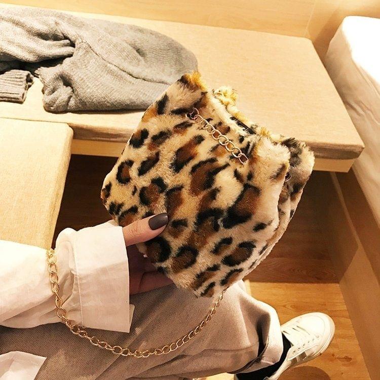 Fashion Leopard Plush Chain-strap Single Shoulder Bag Ladies Handbag (Brown)