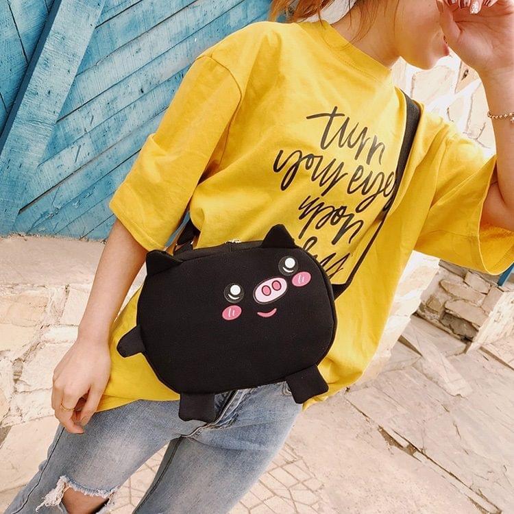 Cute Pig Cavans Single Shoulder Bag Ladies Handbag Messenger Bag (Black)