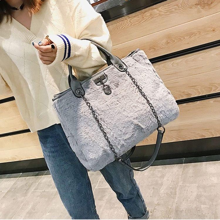 Casual Plush Single Shoulder Bag Chain Bag Ladies Handbag, Small Size (Grey)