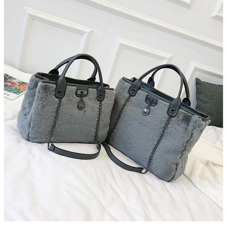 Casual Plush Single Shoulder Bag Chain Bag Ladies Handbag, Small Size (Grey)