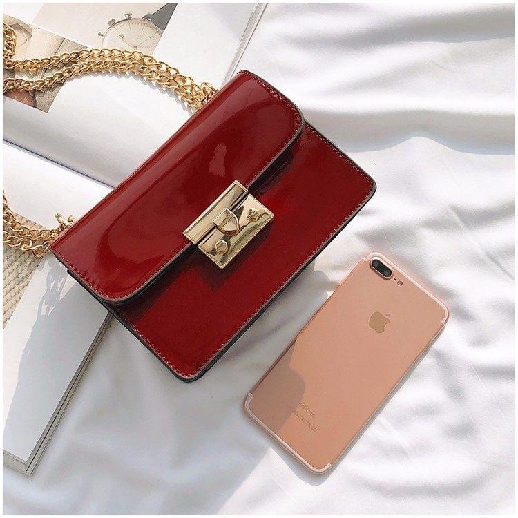 Pure Color Glossy Surface Small Square Bag Handbag Single Shoulder Bag Messenger Bag (Black)