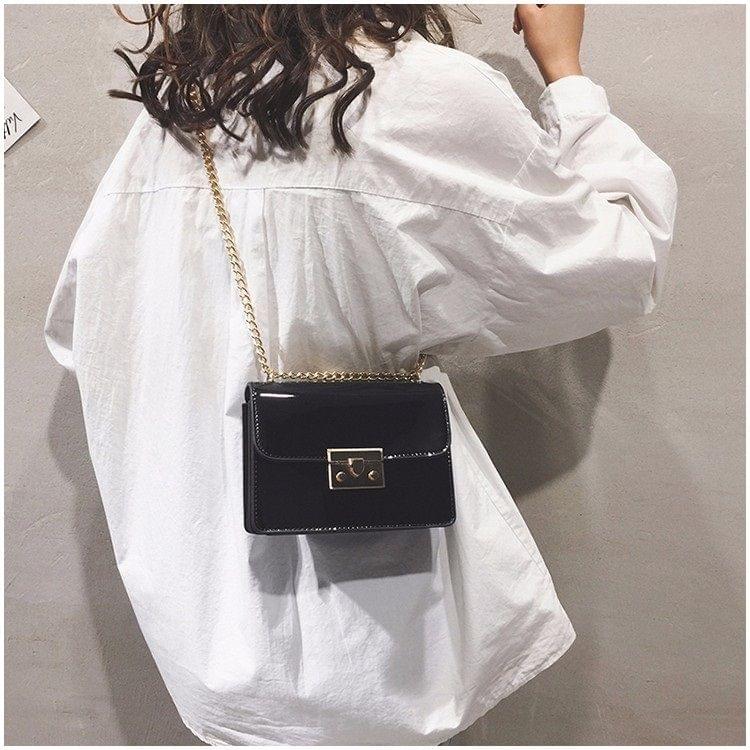 Pure Color Glossy Surface Small Square Bag Handbag Single Shoulder Bag Messenger Bag (Black)