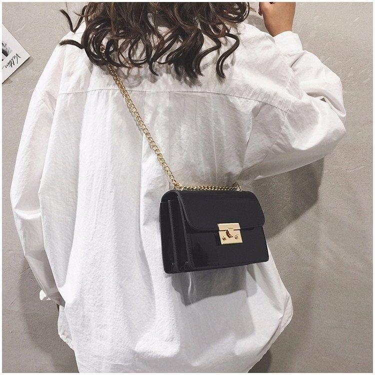 Pure Color Glossy Surface Small Square Bag Handbag Single Shoulder Bag Messenger Bag (Black)
