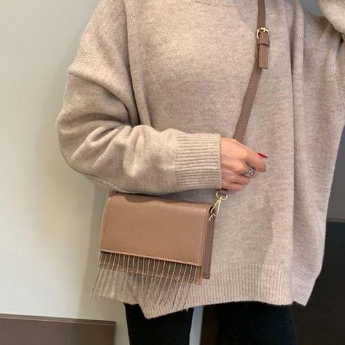 Tassel Small Square Bag PU Leather Single Shoulder Bag Ladies Handbag Messenger Bag (Brown)
