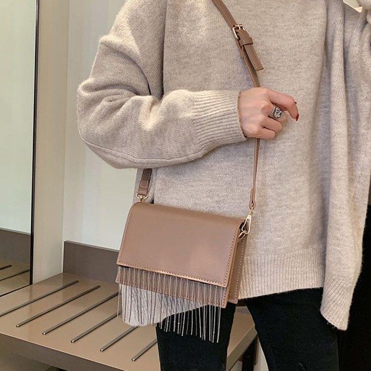 Tassel Small Square Bag PU Leather Single Shoulder Bag Ladies Handbag Messenger Bag (Brown)