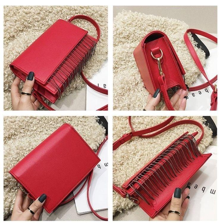 Tassel Small Square Bag PU Leather Single Shoulder Bag Ladies Handbag Messenger Bag (Brown)