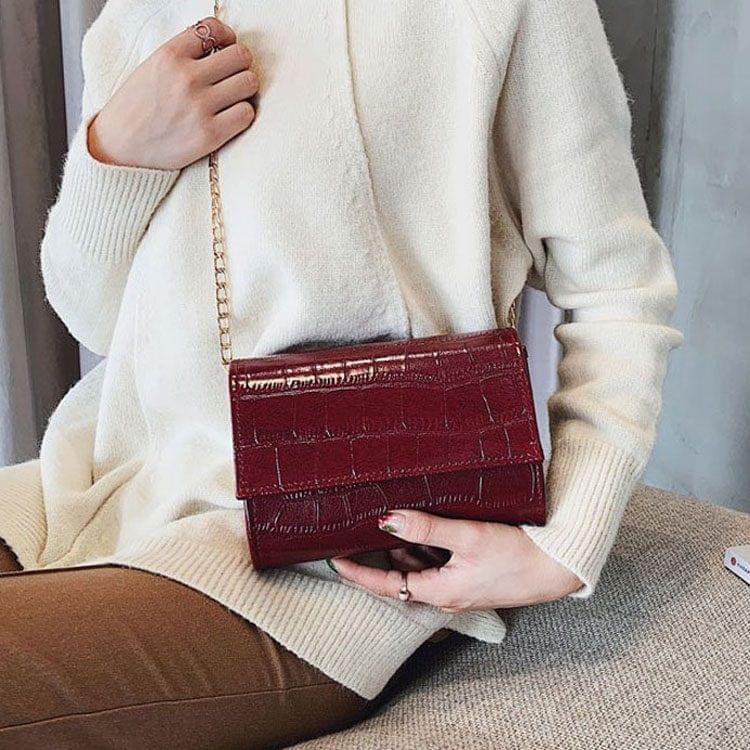 Crocodile PU Leather Small Square Bag Chain Single Shoulder Bag Ladies Handbag Messenger Bag (Red)