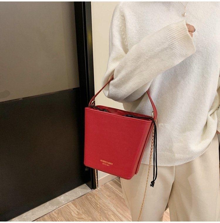 Drawstring Bucket Bag PU Leather Single Shoulder Bag Ladies Handbag Messenger Bag (Red)