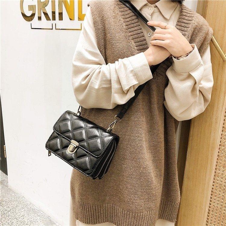 Rhombus Texture Press Buckle PU Leather Single Shoulder Bag Ladies Handbag Messenger Bag (Black)