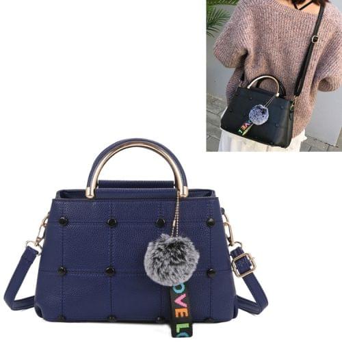 Small Square Bag Hairball Pendant Casual Single Shoulders Bag Ladies Handbag Messenger Bag (Dark Blue)