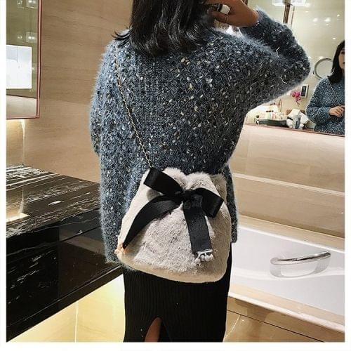 Ribbon Bow Plush Casual Shoulder Bag Messenger Bag Ladies Handbag (Gray)