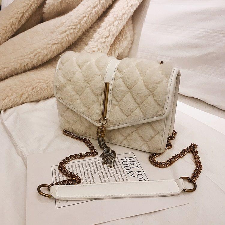 Tassel Plush Chain-strap Single Shoulder Bag Ladies Handbag Messenger Bag (White)