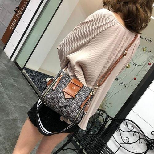 Woven Texture Double Strap Casual Shoulder Bag Ladies Handbag Messenger Bag (Black)