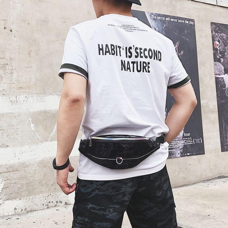 Fashion Smooth Surface PU Single Shoulder Bag Zipper Men & Women Messenger Bag Sports Waist Chest Pockets Bag (Black)