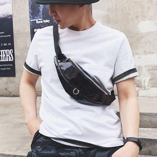 Fashion Smooth Surface PU Single Shoulder Bag Zipper Men & Women Messenger Bag Sports Waist Chest Pockets Bag (Black)