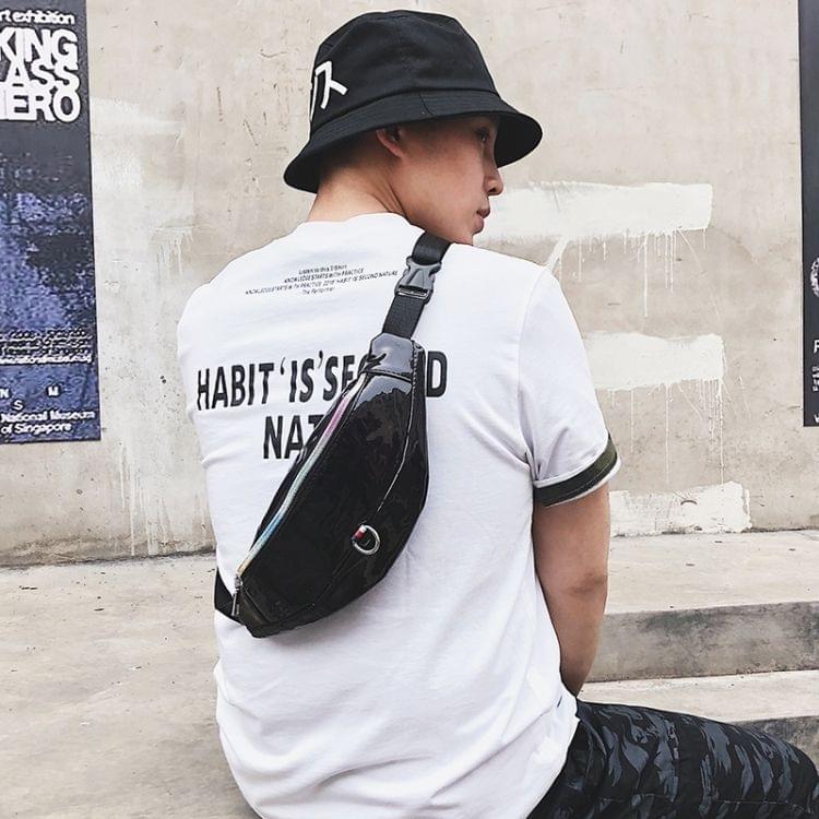 Fashion Smooth Surface PU Single Shoulder Bag Zipper Men & Women Messenger Bag Sports Waist Chest Pockets Bag (Black)
