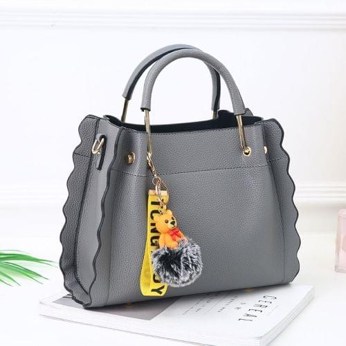 Leisure Fashion PU Slant Shoulder Bag Handbag with Bear Plush Ball(Grey)