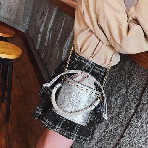Glitter Shiny Drawstring Bucket Bag PU Single Shoulder Bag Ladies Handbag Messenger Bag (Silver)
